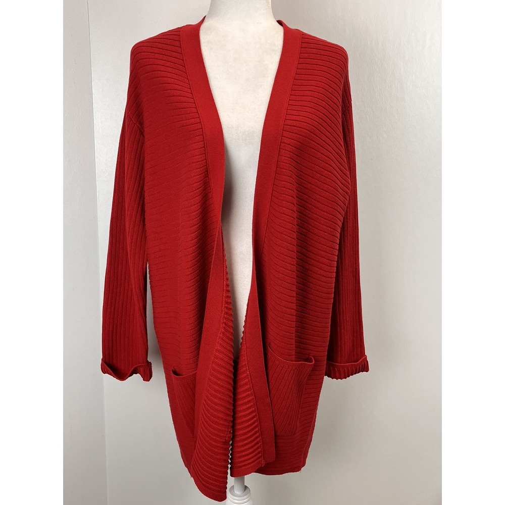 J. Jill Ribbed Knit Open Front Cardigan Sweater Sz Medium Womens Red Pockets